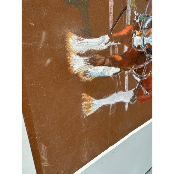 Vintage Equestrian Artwork Two Draft Horses Harness brown western 20.5x16" READ - Picture 4 of 10